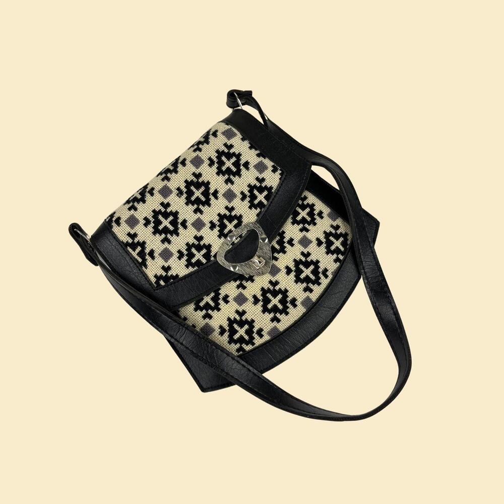Vintage 70s leather black & white shoulder bag, 1970s geometric accordion purse